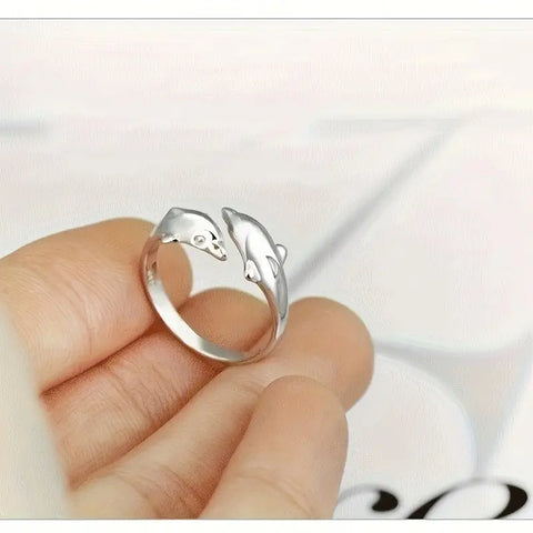 Anillo Ajustable Con Diseño De Delfín De Dos Cabezas